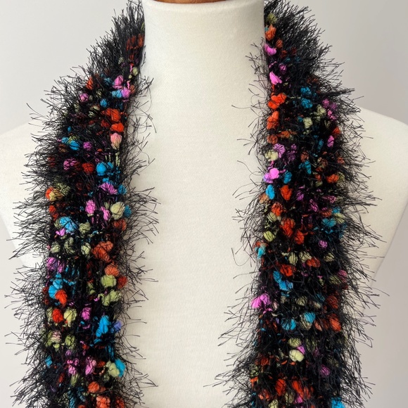 Handmade Multicolored and Black Frill Scarf 57" Long - Picture 2 of 7